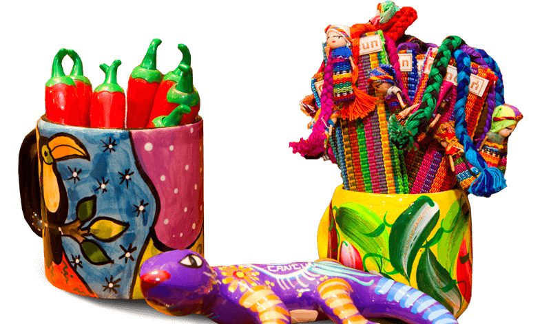 Colorful hand-painted pottery and embroidered textiles Colorful hand-painted pottery and embroidered textiles