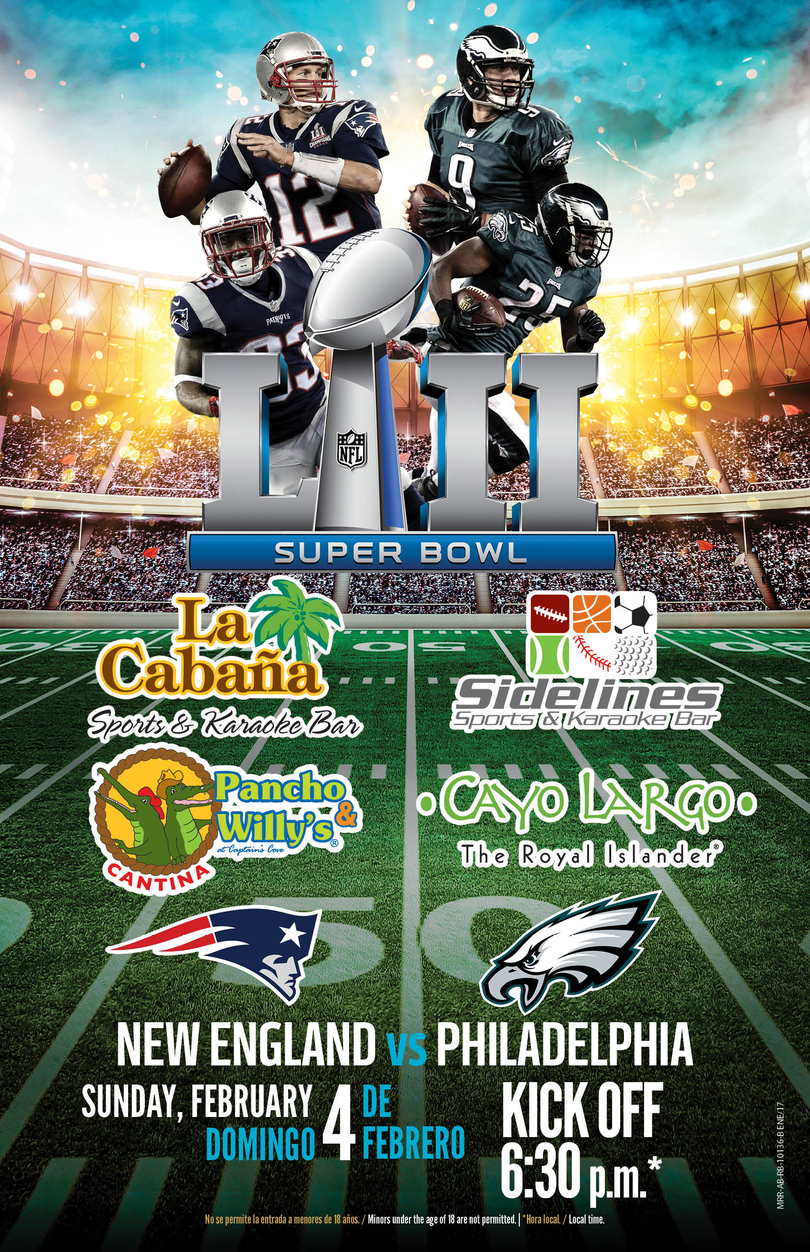 Super Bowl Sunday, Feb 4, 2018 at the Royal Resorts Bars 